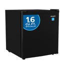 Black compact refrigerator exterior, 1.6 cu. ft. with chiller label, avanti logo