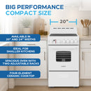 White 20-inch electric range with four-element ceramic cooktop and front control knobs