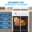 Electric range with oven door open, interior light on, and adjustable oven racks