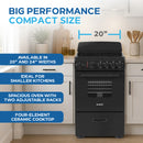 Black 20-inch electric range with four-element ceramic cooktop and front control knobs