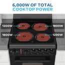 Black electric range showing four radiant coil cooktop burners and front knob panel