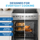 Black electric range with open oven and broiler pan, two adjustable racks, knobs