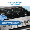 Stainless electric range cooktop with smooth ceramic-glass surface and cleaning cloth