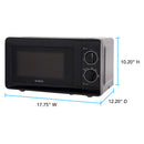 Black countertop microwave oven with two mechanical control dials and digital display