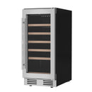 Wine cooler with door open, glass front and wooden shelves with bottle storage