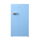 Blue compact refrigerator with chrome handle and Avanti logo on front