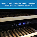 Dual-zone wine cooler with interior wooden racks and front LED temperature display