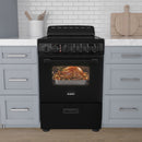 Black electric range with ceramic glass cooktop and oven window showing roasted chicken