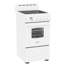 Electric range with ceramic glass cooktop and oven door, white side view.