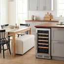 Built-in wine cooler with glass-front door, black rack shelves, front control panel