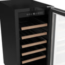 Wine cooler interior with multiple wooden shelves and black storage racks