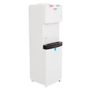 Hot and cold water dispenser, white side view with front dispensing area and drip tray
