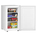 Vertical freezer with door open, showing stocked wire shelves