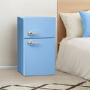 Avanti 3.0 cu ft retro compact refrigerator in robin's egg blue, two doors, metal handles.