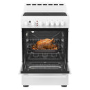 Avanti 24-inch electric range with ceramic cooktop, white oven open with roasted chicken