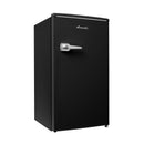 Black compact refrigerator shown at an angled side view with chrome handle