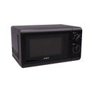 Black countertop microwave oven with tinted window and two mechanical dials