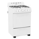 White compact gas range with four burners, control knobs, and oven door handle