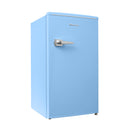 Blue compact refrigerator side corner view with chrome handle and Avanti logo