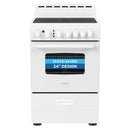 Avanti 24-inch electric range with ceramic glass cooktop, white exterior and control knobs