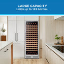 Tall wine cooler with black frame and front glass door, rows of wine bottles