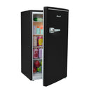 Black compact refrigerator with door open and interior shelves holding containers