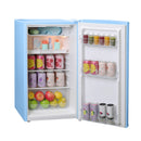 Blue compact refrigerator interior with shelves and door bins filled with items