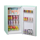 Avanti retro compact refrigerator in seafoam green with open door and stocked shelves