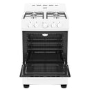 White compact gas range with open oven and burner grates above