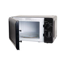 White countertop microwave oven with open door and empty glass turntable tray