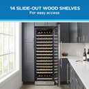 Wine cooler with open door showing slide-out racks and bottle storage