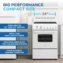 White 24-inch electric range with four-burner ceramic glass cooktop and closed oven door