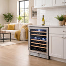 Stainless wine cooler with glass door and blue-lit dual-zone wine racks