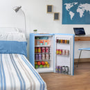 Blue compact refrigerator with open door, interior shelves, and stored beverages