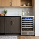 Built-in undercounter wine cooler with glass door, blue interior lights and wine racks
