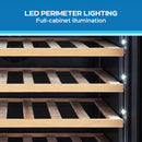 Wine cooler interior with wooden slide-out shelves and LED perimeter lighting