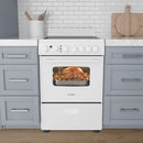 White electric range with ceramic glass cooktop and oven window showing roasted chicken