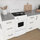 White electric range with ceramic glass cooktop and oven door in a kitchen.