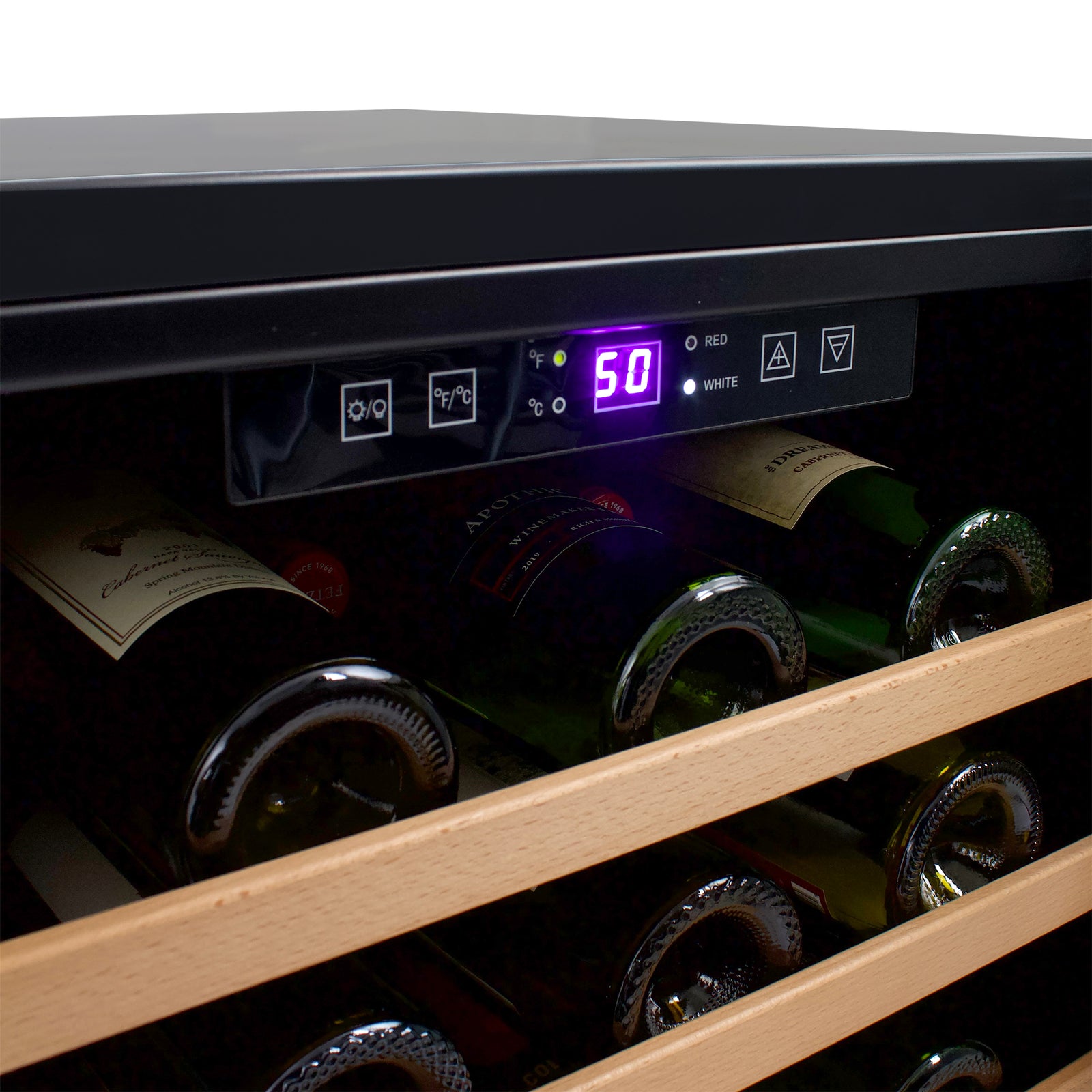 Avanti Wine Cooler with Wood Accent Shelving, 51 Bottle Capacity, in
