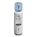 White water dispenser with blue bottle and two front dispensing taps