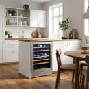 Built-in stainless dual-zone wine cooler with glass door and illuminated wine racks