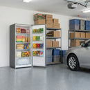 White upright freezer with two open doors and interior shelves for frozen food storage
