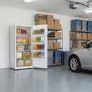 White upright convertible freezer with open door, showing interior shelves and bins