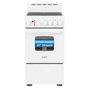 Electric range with ceramic glass cooktop, white front control panel and oven door.