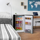 Black compact refrigerator with open door showing shelves and drink can storage