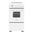 White electric range with ceramic glass cooktop and open oven cavity view.