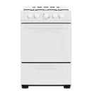 White compact gas range with four burner knobs and oven door panel