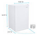 Vertical freezer with size diagram and open-door clearance