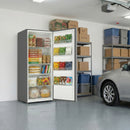 White upright convertible freezer with open door and wire shelves