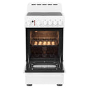 White electric range with open oven showing baking tray and cookies inside.
